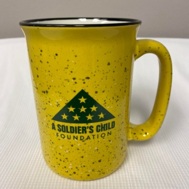 Yellow coffee mug with black specks and dark green ASCF logo.
